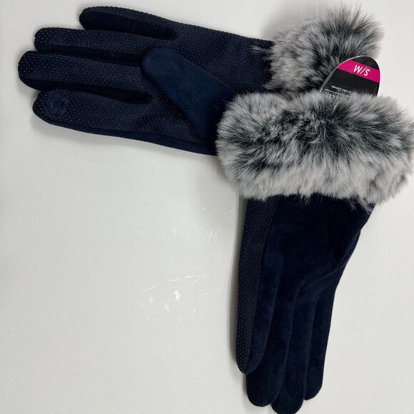 Gloves - Women's Winter Grip - Navy with Gray Fur Accent - NWT - Picture 2 of 5